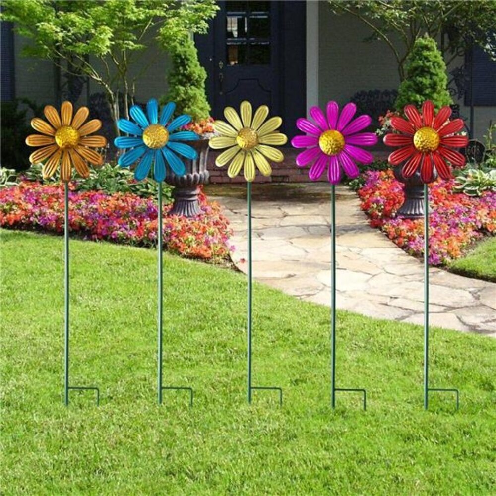 5pcs Wind Spinners Metal Colorful Flowers Garden Stake, Small Daisy Pinwheels